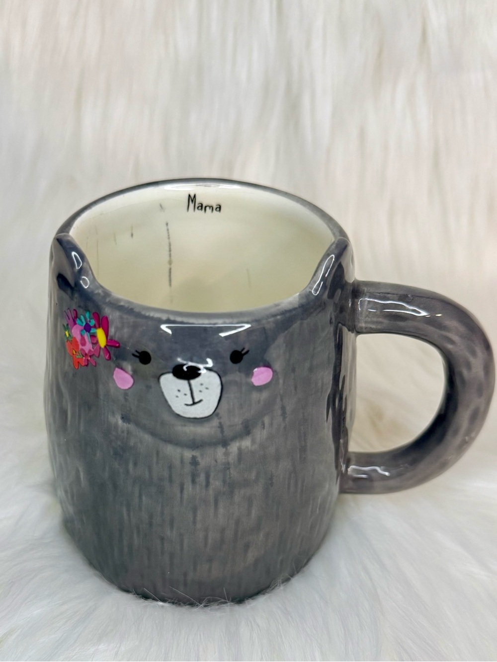 Gray 'Mama' Bear Ceramic Mug with Floral Accent